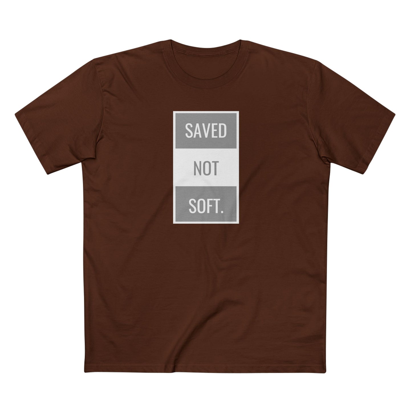 Saved Not Soft Adult Staple Tee - Bold Red Graphic T-Shirt for Faith-Based Enthusiasts