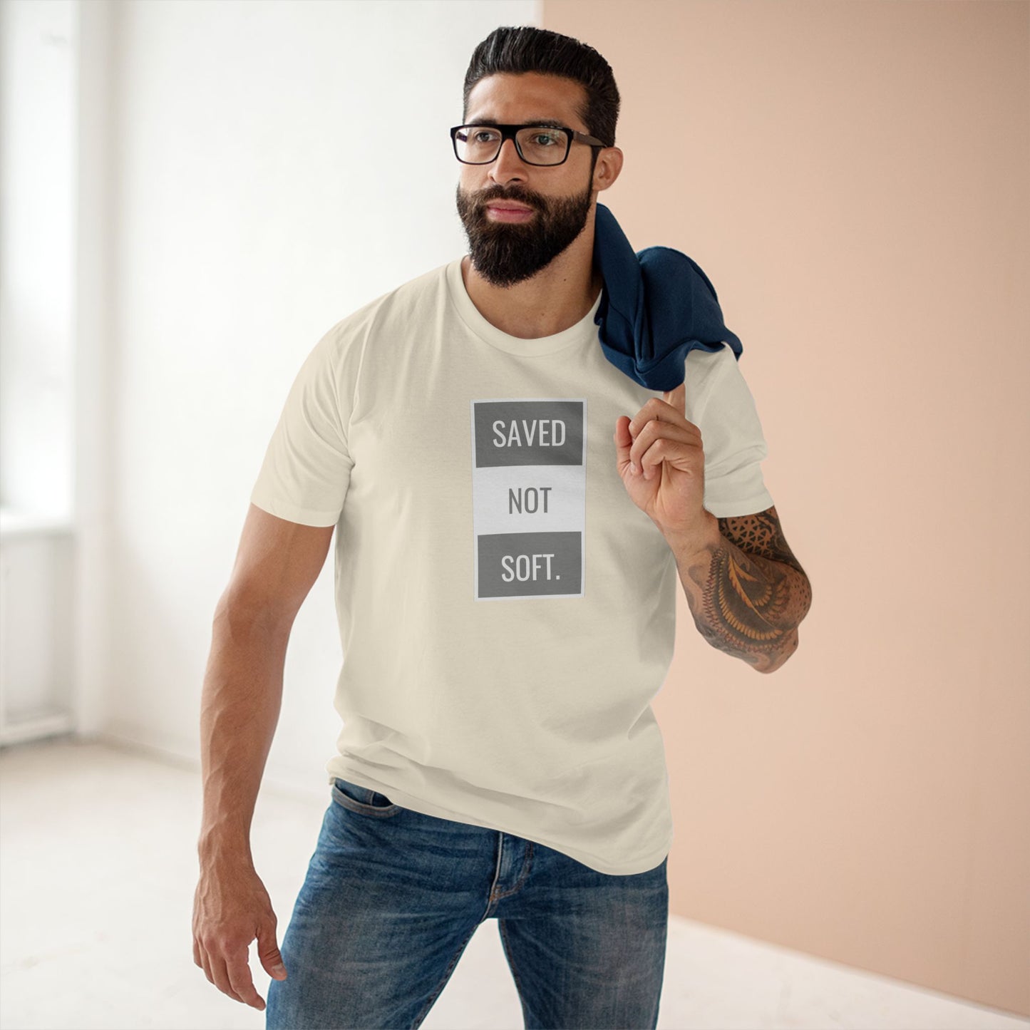Saved Not Soft Adult Staple Tee - Bold Red Graphic T-Shirt for Faith-Based Enthusiasts