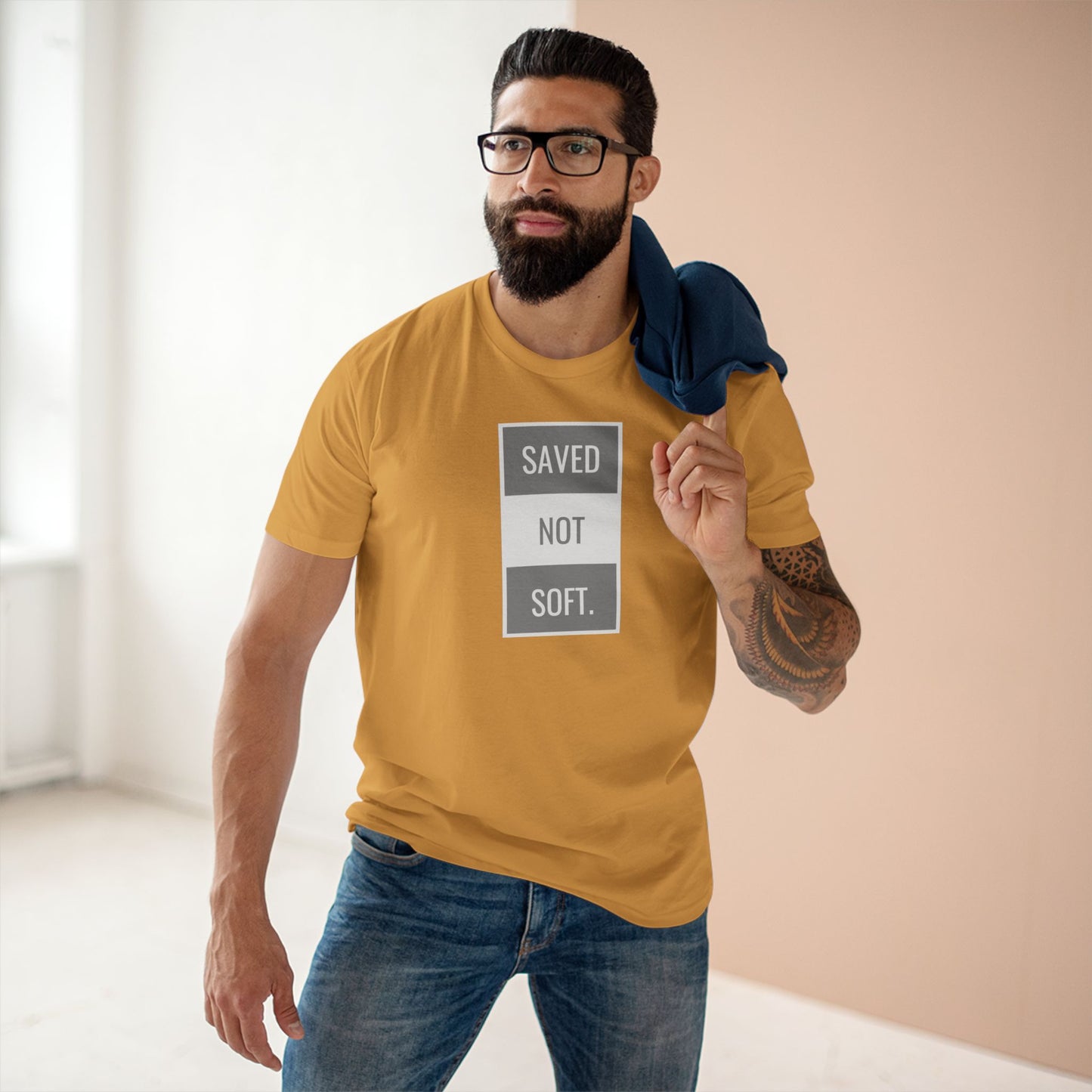 Saved Not Soft Adult Staple Tee - Bold Red Graphic T-Shirt for Faith-Based Enthusiasts