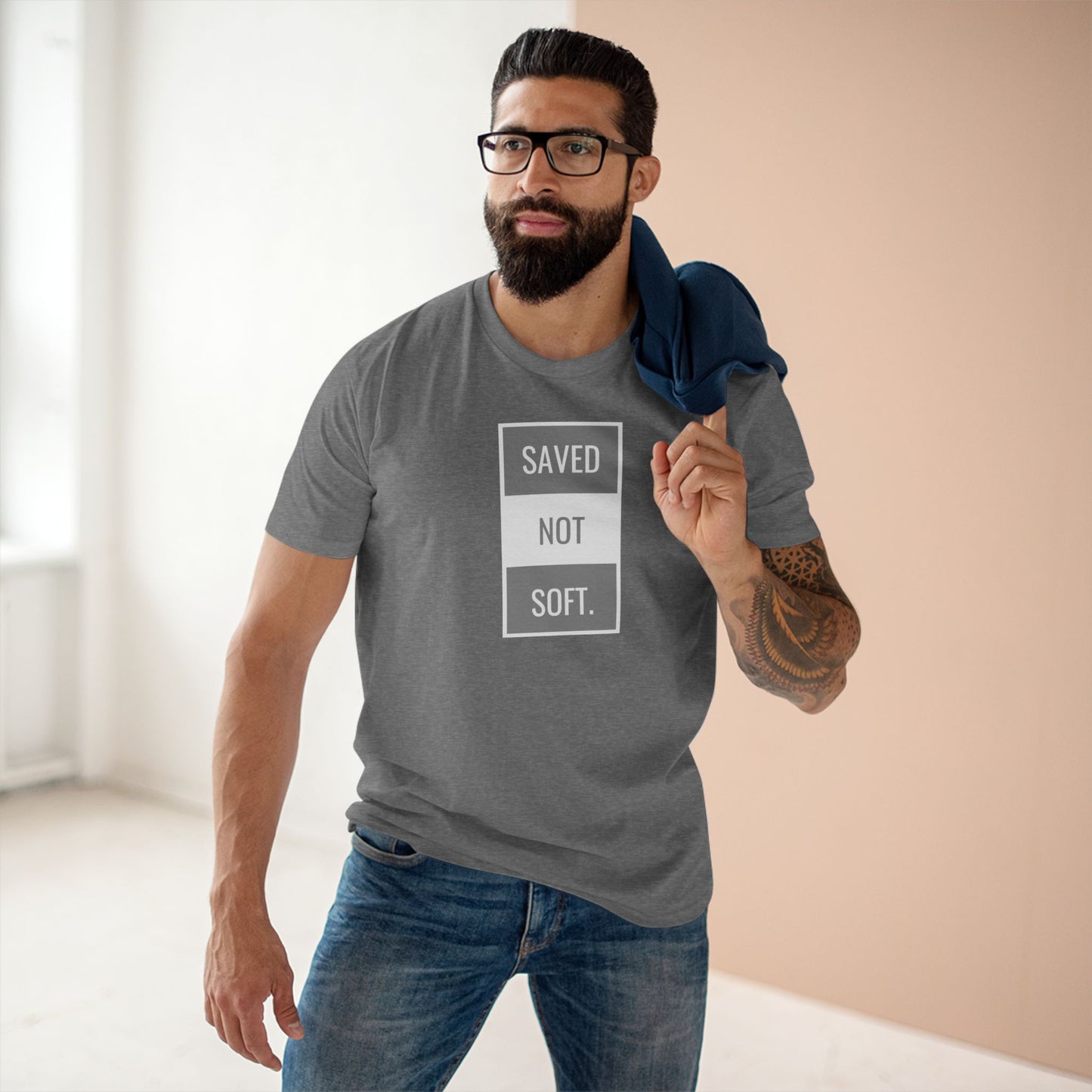 Saved Not Soft Adult Staple Tee - Bold Red Graphic T-Shirt for Faith-Based Enthusiasts