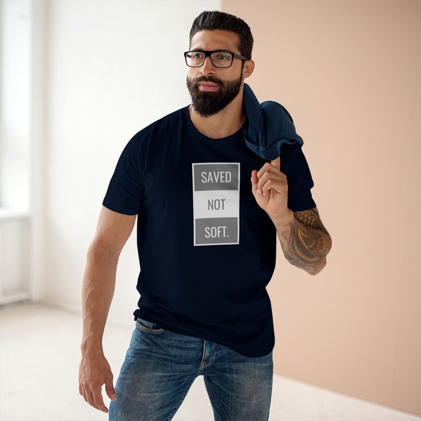 Saved Not Soft Adult Staple Tee - Bold Red Graphic T-Shirt for Faith-Based Enthusiasts