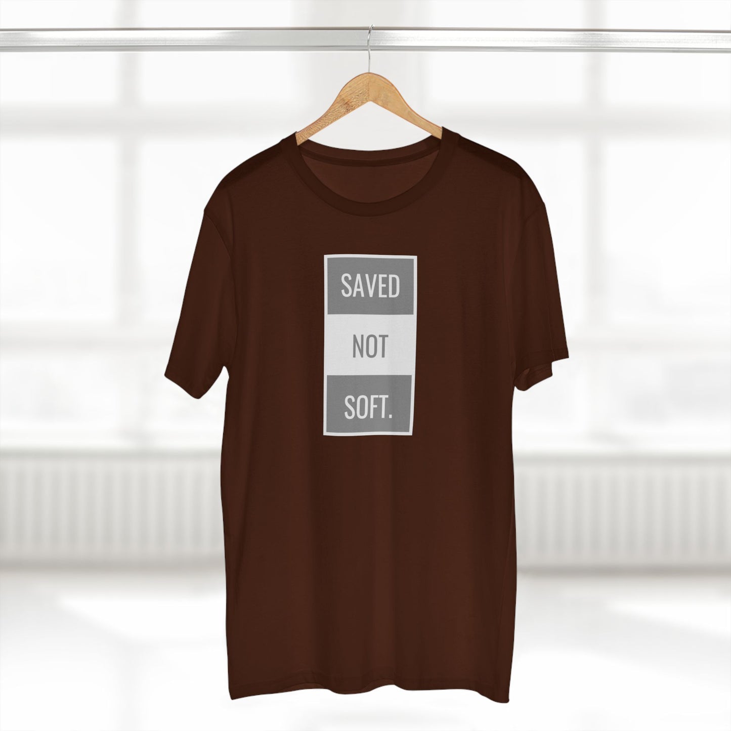 Saved Not Soft Adult Staple Tee - Bold Red Graphic T-Shirt for Faith-Based Enthusiasts