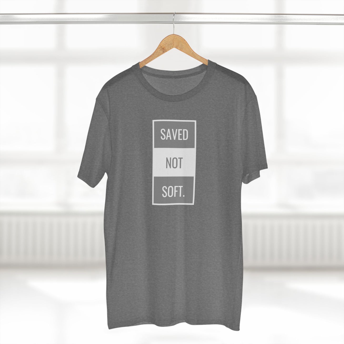 Saved Not Soft Adult Staple Tee - Bold Red Graphic T-Shirt for Faith-Based Enthusiasts