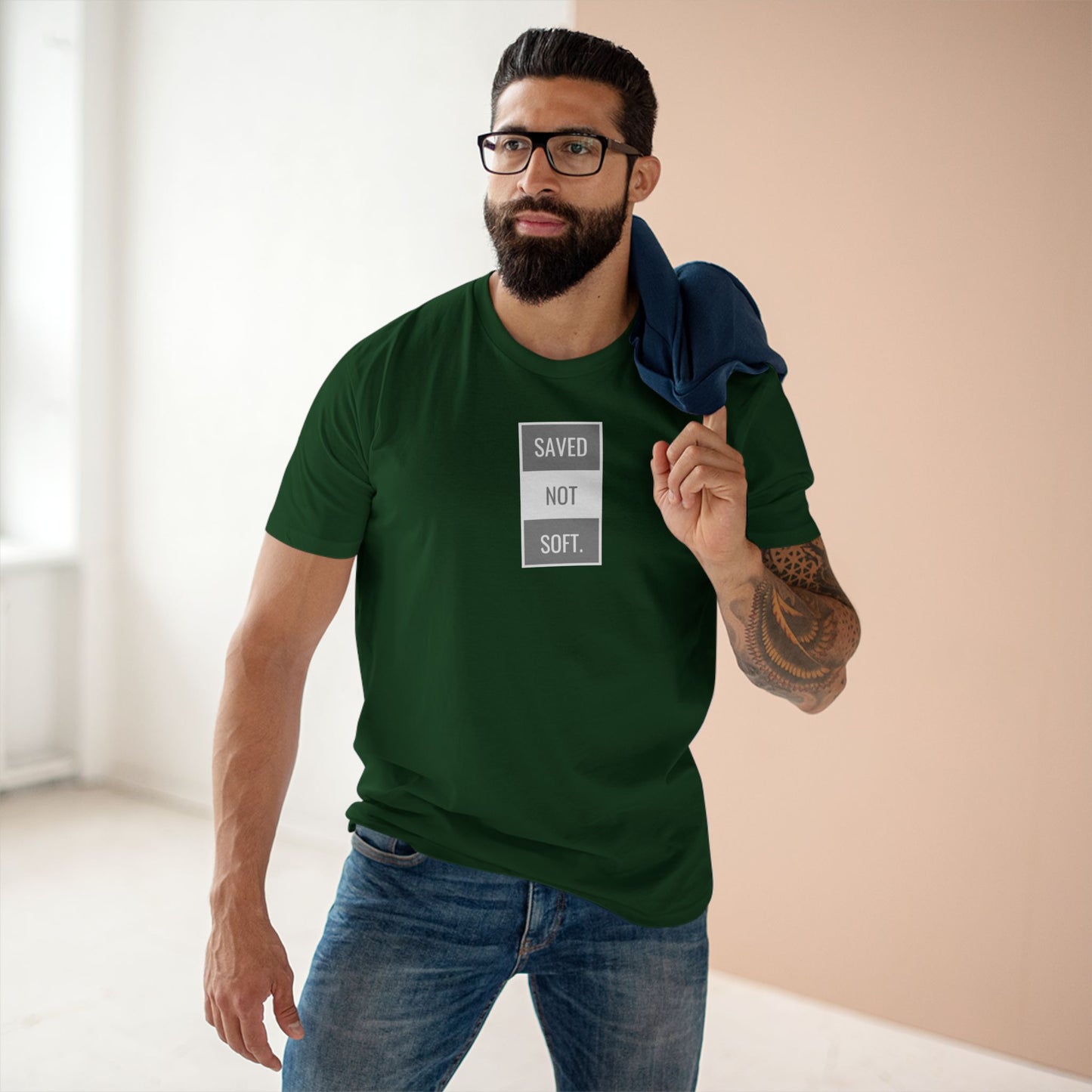 Saved Not Soft Adult Staple Tee - Bold Red Graphic T-Shirt for Faith-Based Enthusiasts