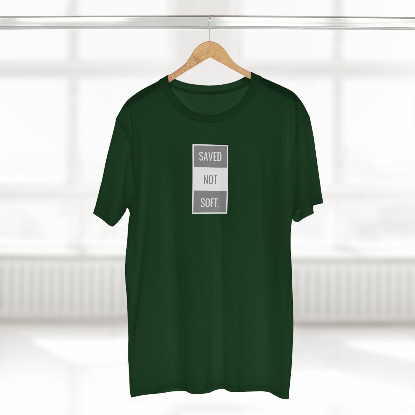 Saved Not Soft Adult Staple Tee - Bold Red Graphic T-Shirt for Faith-Based Enthusiasts