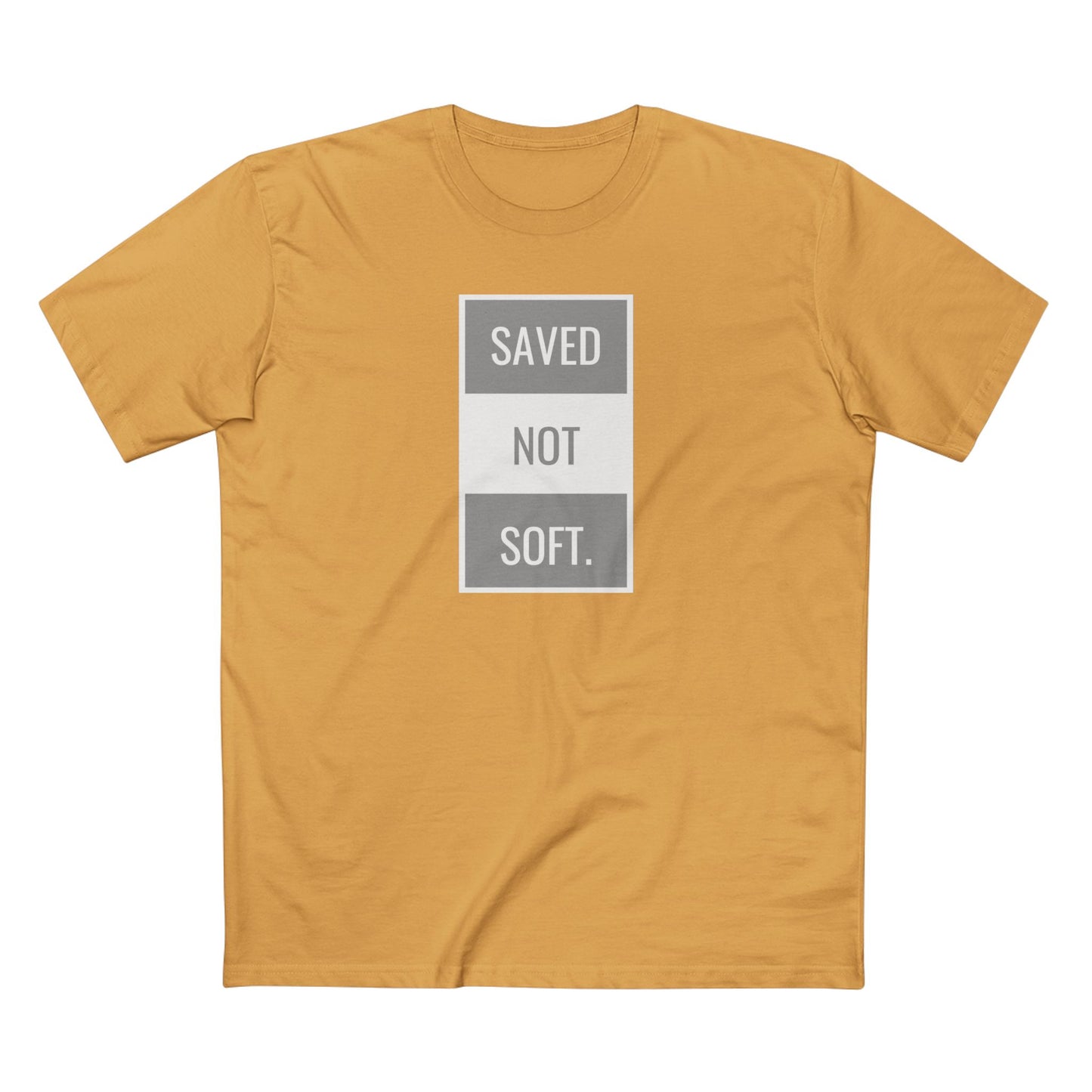 Saved Not Soft Adult Staple Tee - Bold Red Graphic T-Shirt for Faith-Based Enthusiasts