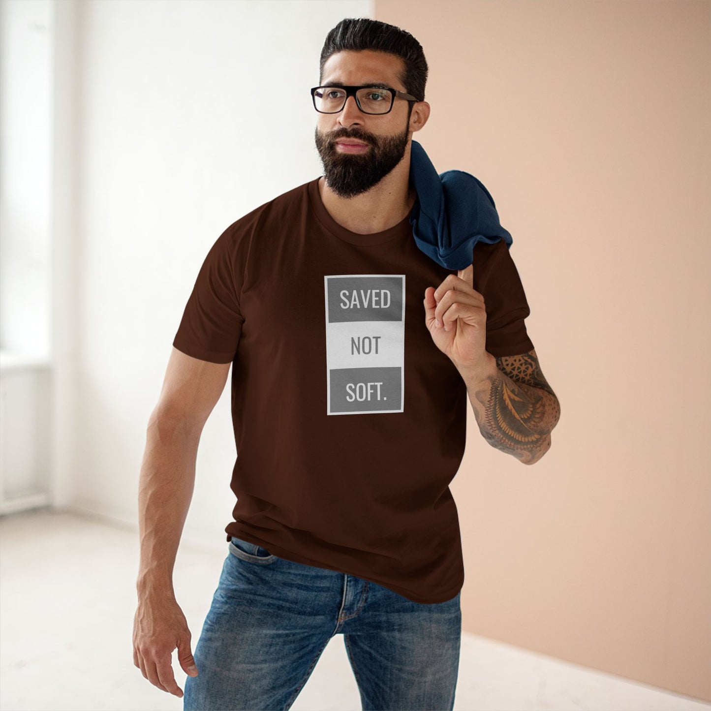 Saved Not Soft Adult Staple Tee - Bold Red Graphic T-Shirt for Faith-Based Enthusiasts
