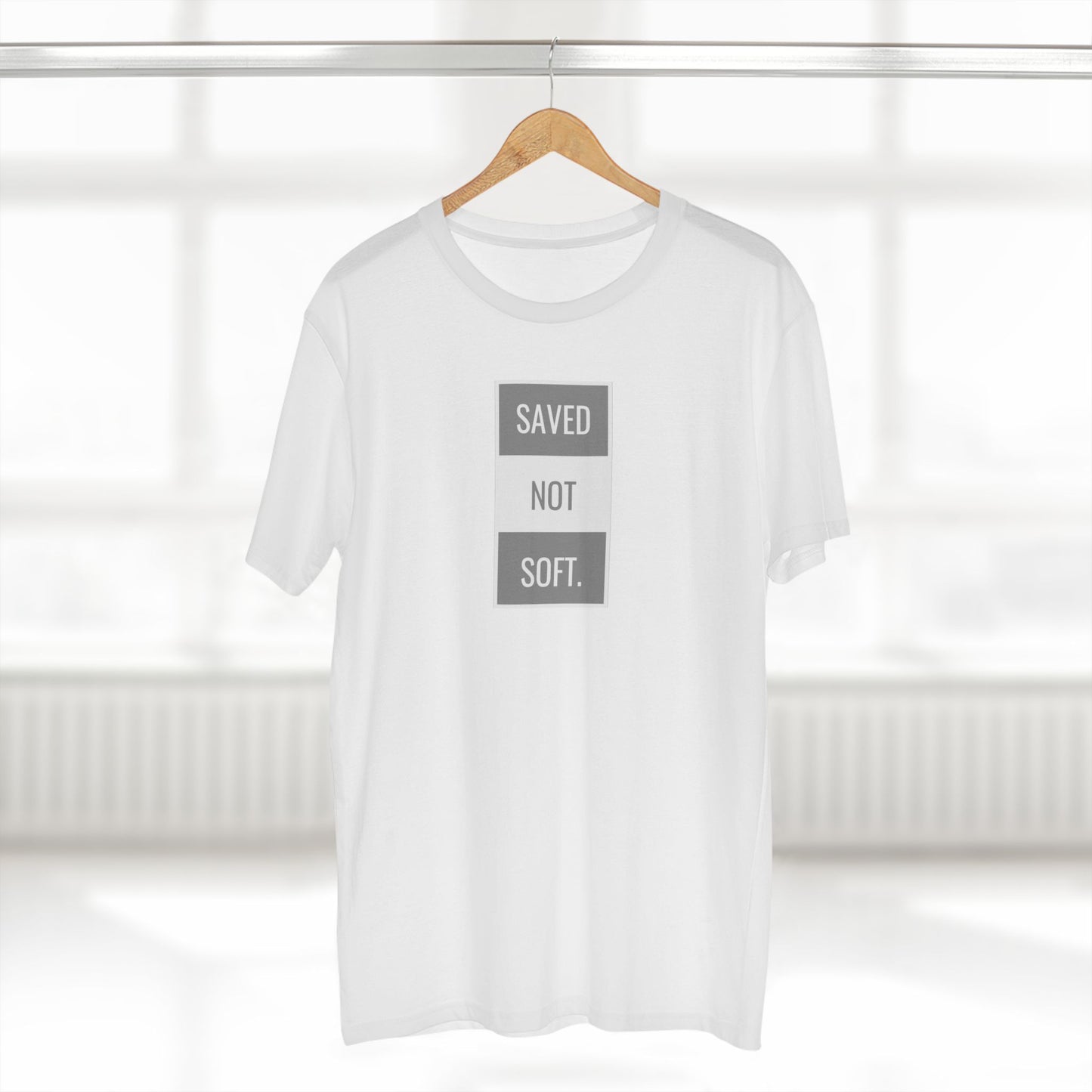 Saved Not Soft Adult Staple Tee - Bold Red Graphic T-Shirt for Faith-Based Enthusiasts