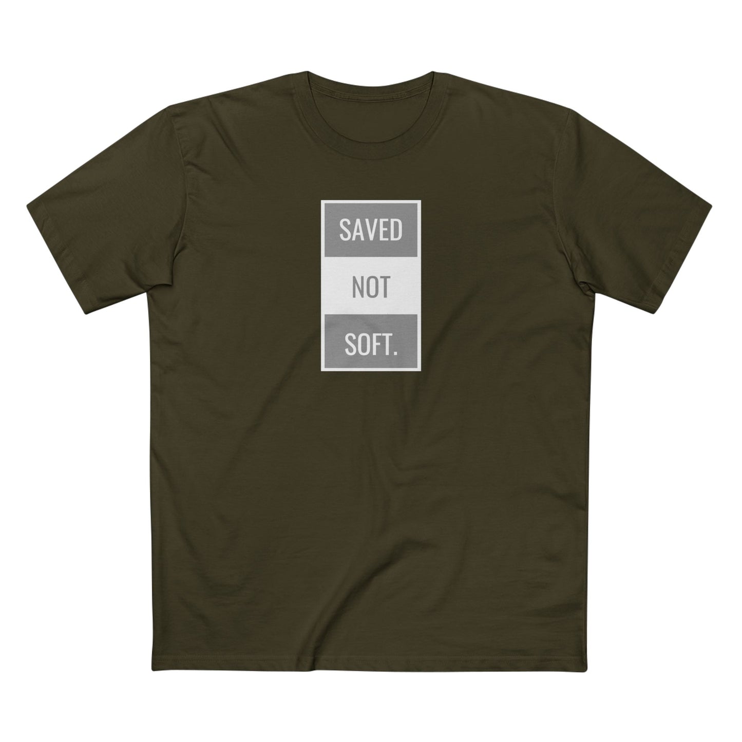 Saved Not Soft Adult Staple Tee - Bold Red Graphic T-Shirt for Faith-Based Enthusiasts
