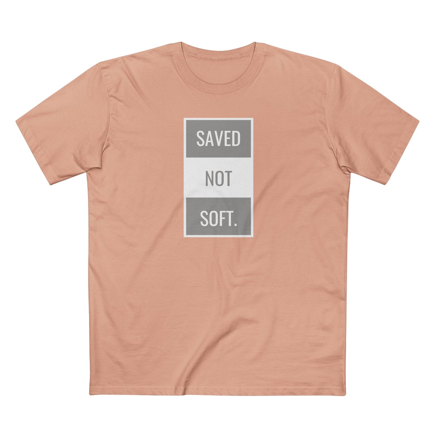 Saved Not Soft Adult Staple Tee - Bold Red Graphic T-Shirt for Faith-Based Enthusiasts