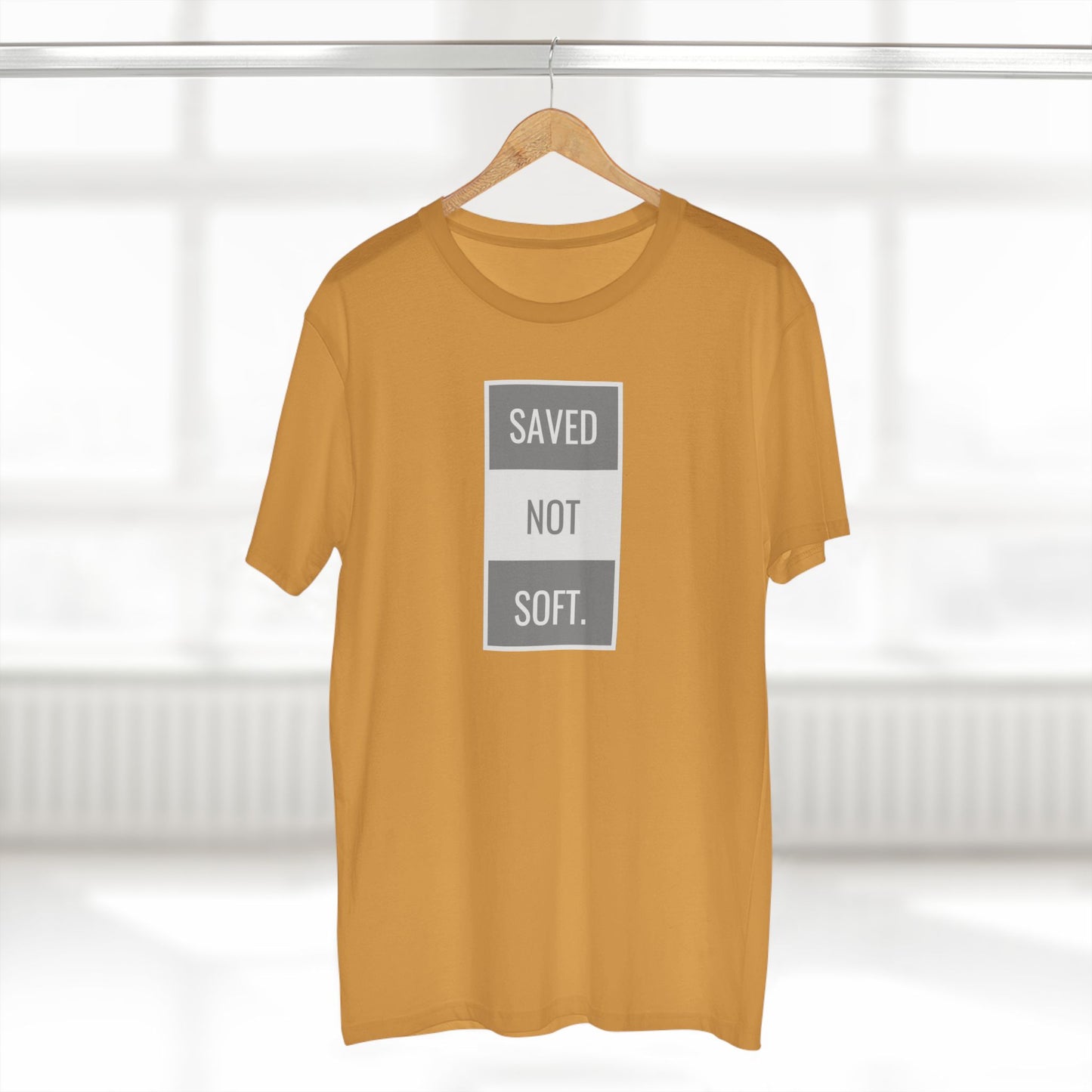 Saved Not Soft Adult Staple Tee - Bold Red Graphic T-Shirt for Faith-Based Enthusiasts