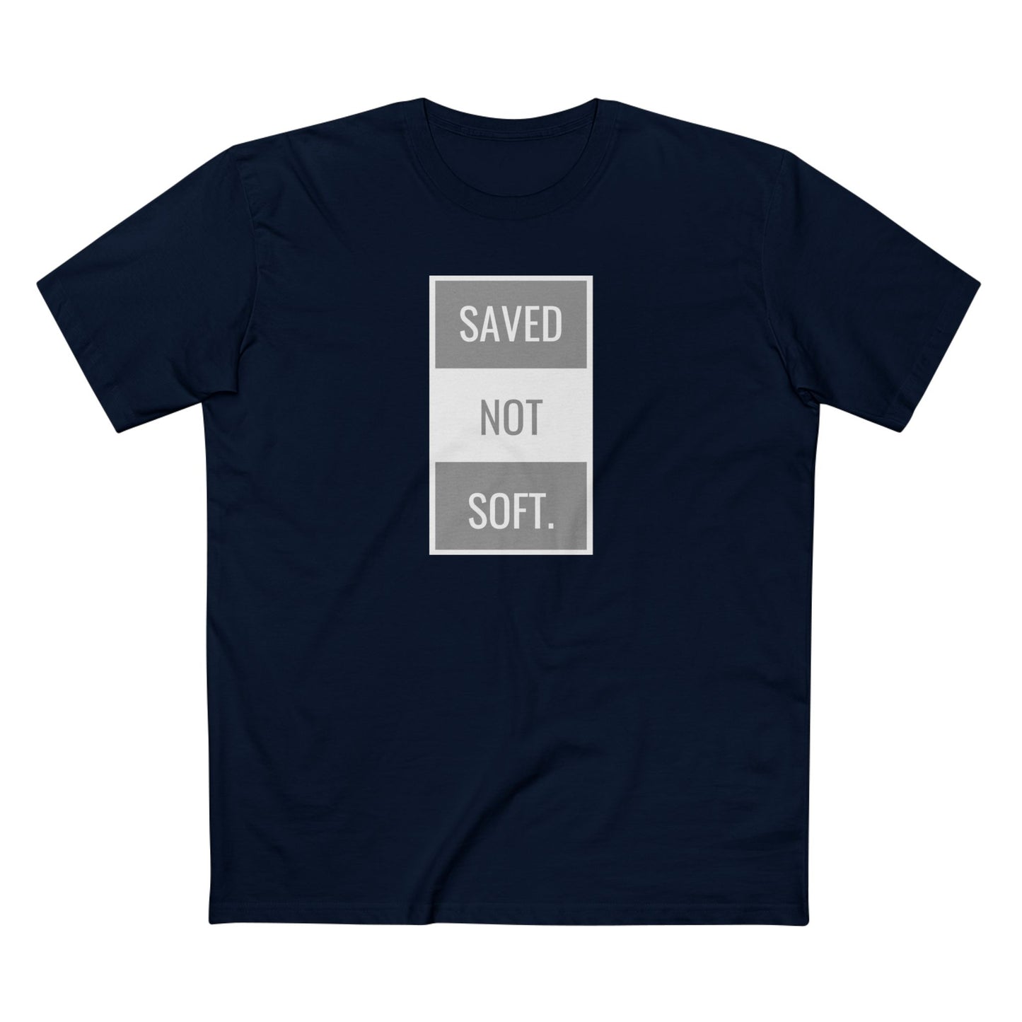 Saved Not Soft Adult Staple Tee - Bold Red Graphic T-Shirt for Faith-Based Enthusiasts