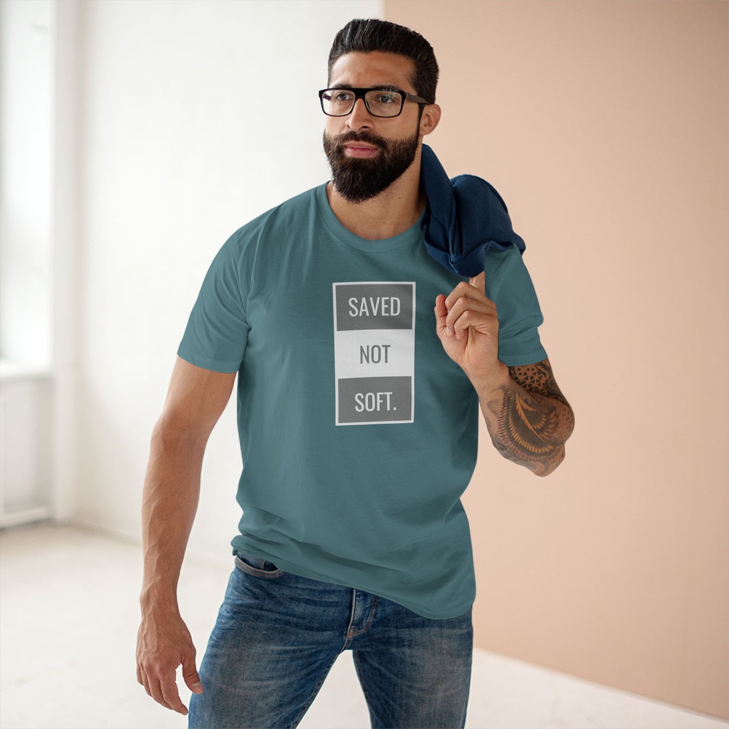 Saved Not Soft Adult Staple Tee - Bold Red Graphic T-Shirt for Faith-Based Enthusiasts