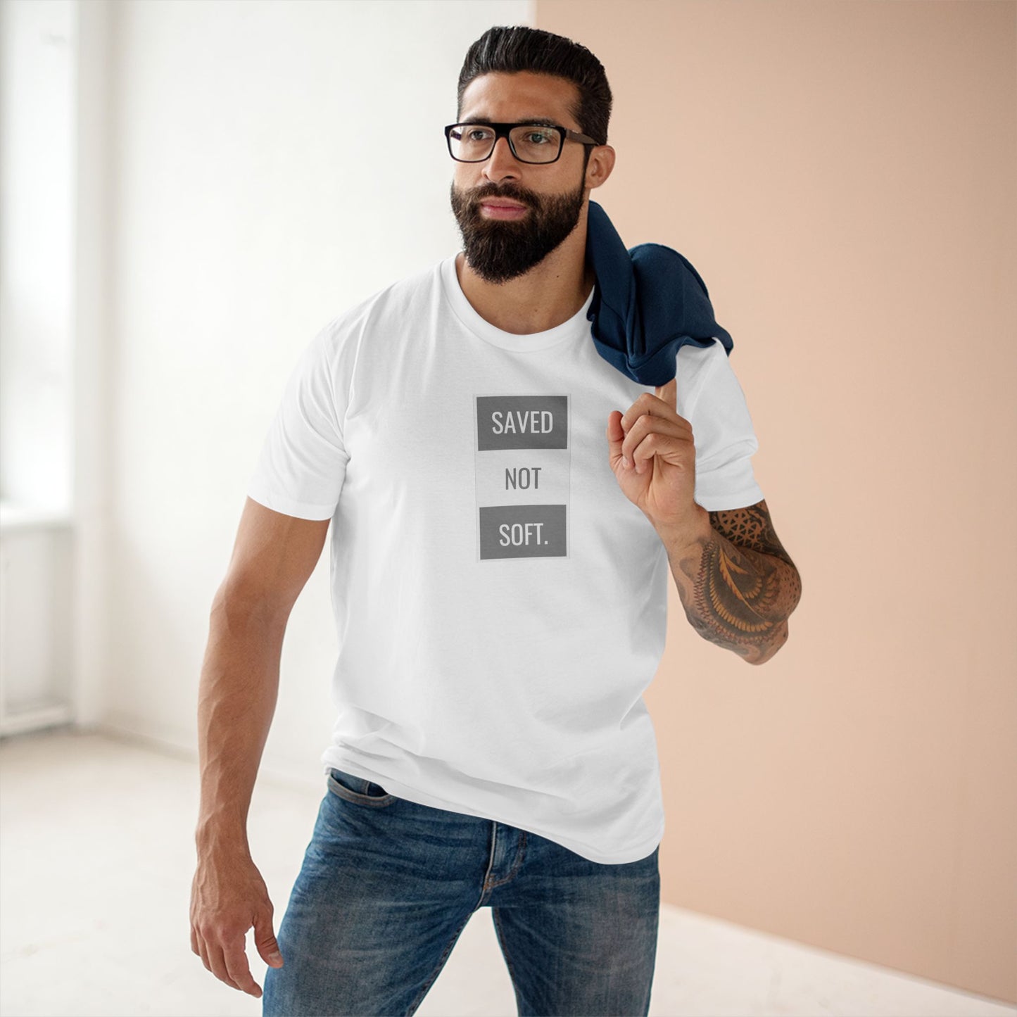 Saved Not Soft Adult Staple Tee - Bold Red Graphic T-Shirt for Faith-Based Enthusiasts