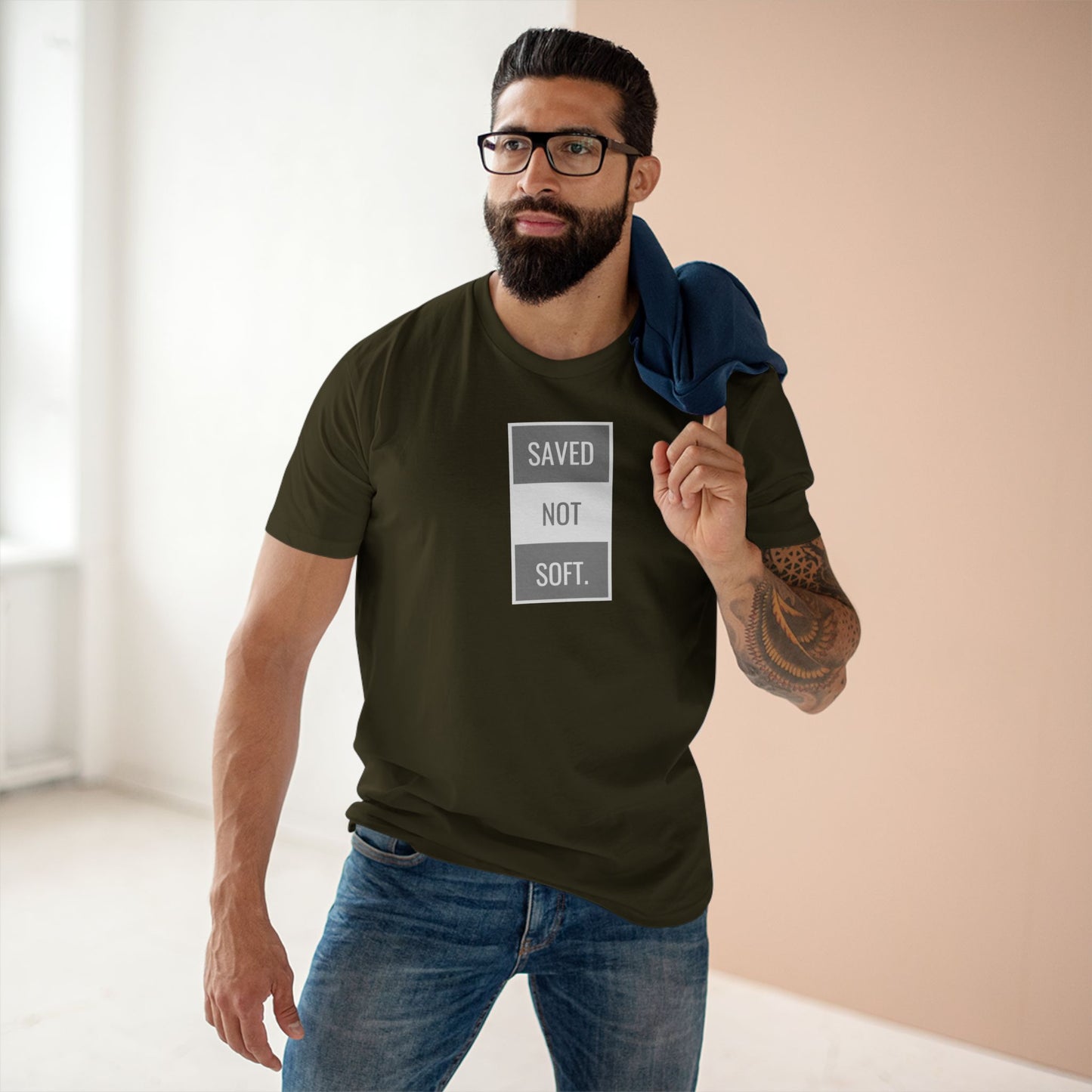Saved Not Soft Adult Staple Tee - Bold Red Graphic T-Shirt for Faith-Based Enthusiasts