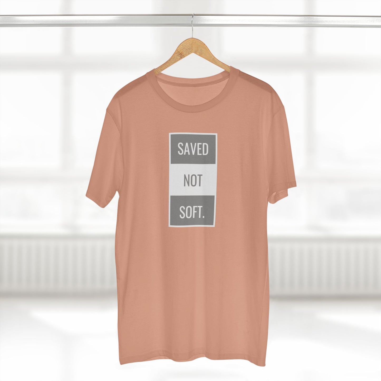 Saved Not Soft Adult Staple Tee - Bold Red Graphic T-Shirt for Faith-Based Enthusiasts