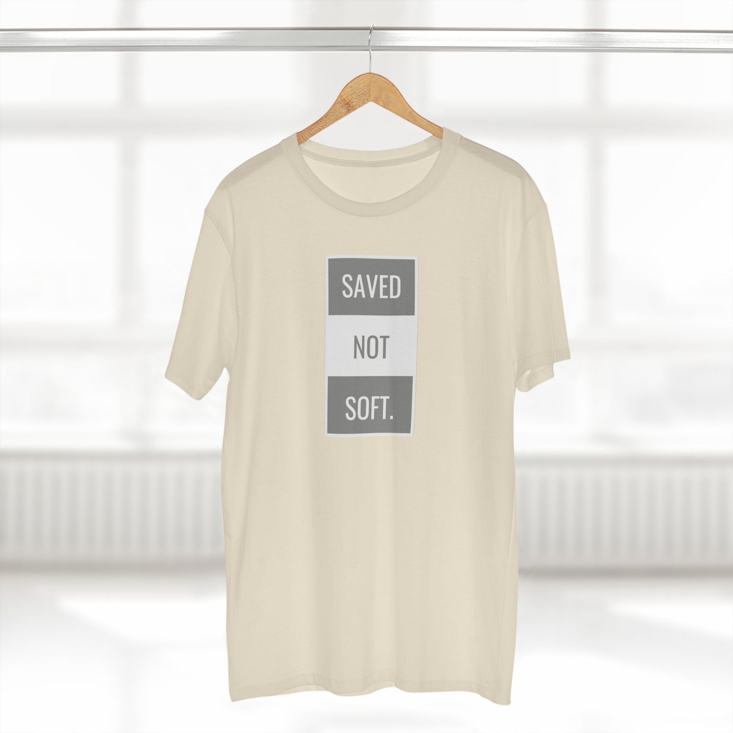 Saved Not Soft Adult Staple Tee - Bold Red Graphic T-Shirt for Faith-Based Enthusiasts