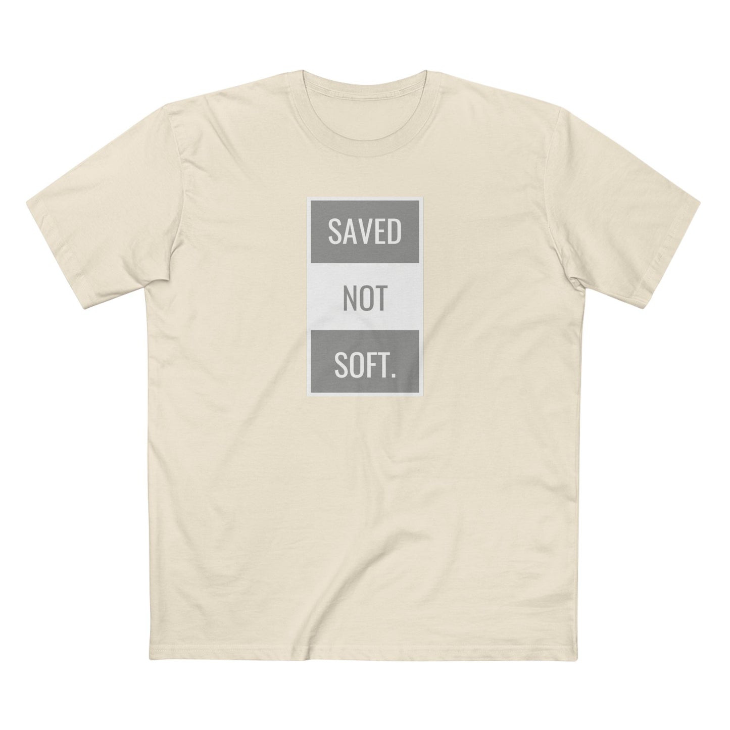Saved Not Soft Adult Staple Tee - Bold Red Graphic T-Shirt for Faith-Based Enthusiasts