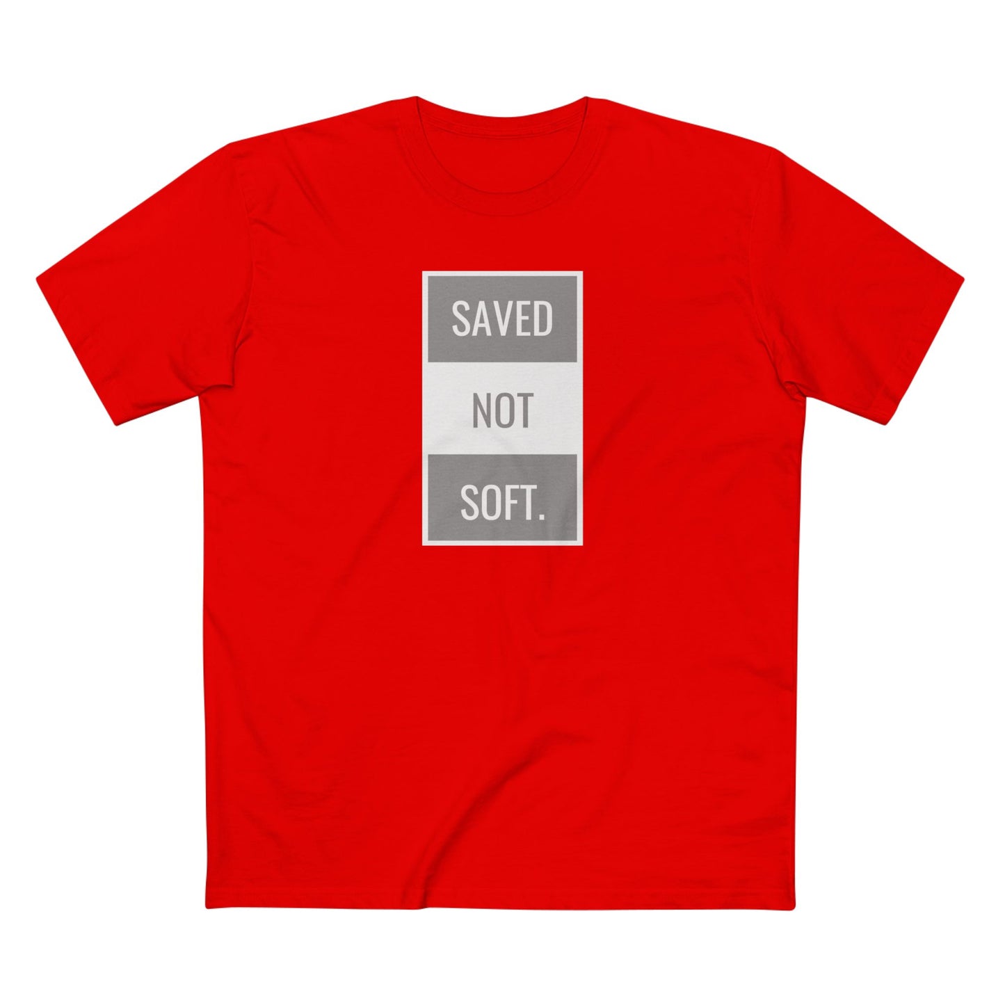 Saved Not Soft Adult Staple Tee - Bold Red Graphic T-Shirt for Faith-Based Enthusiasts