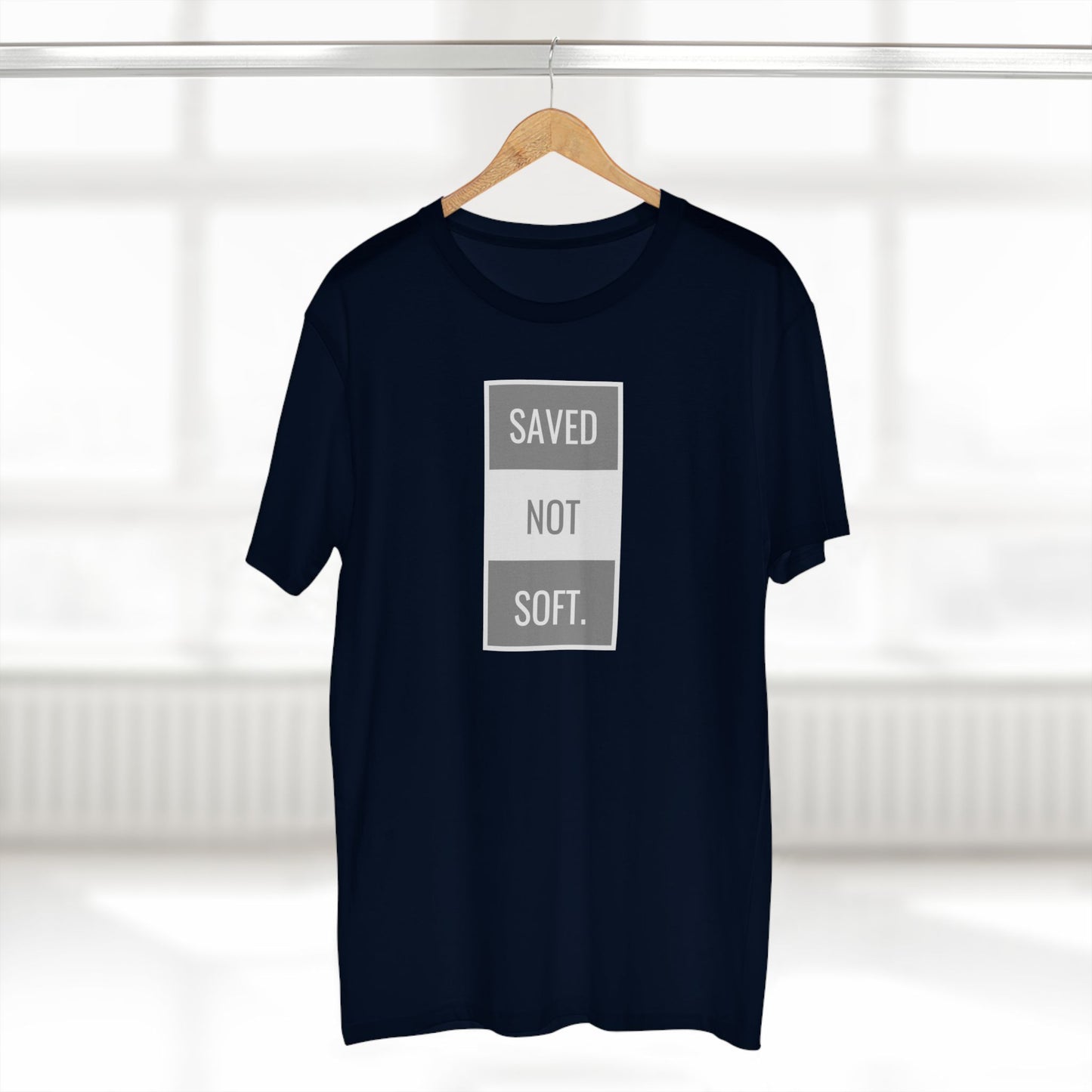 Saved Not Soft Adult Staple Tee - Bold Red Graphic T-Shirt for Faith-Based Enthusiasts
