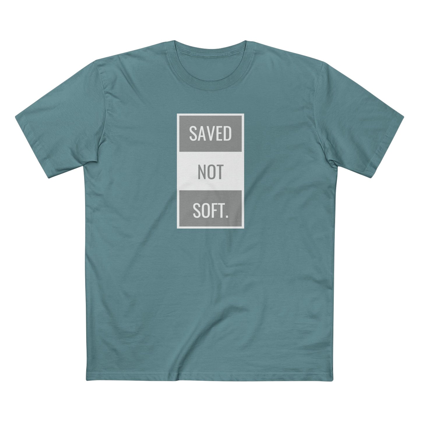 Saved Not Soft Adult Staple Tee - Bold Red Graphic T-Shirt for Faith-Based Enthusiasts