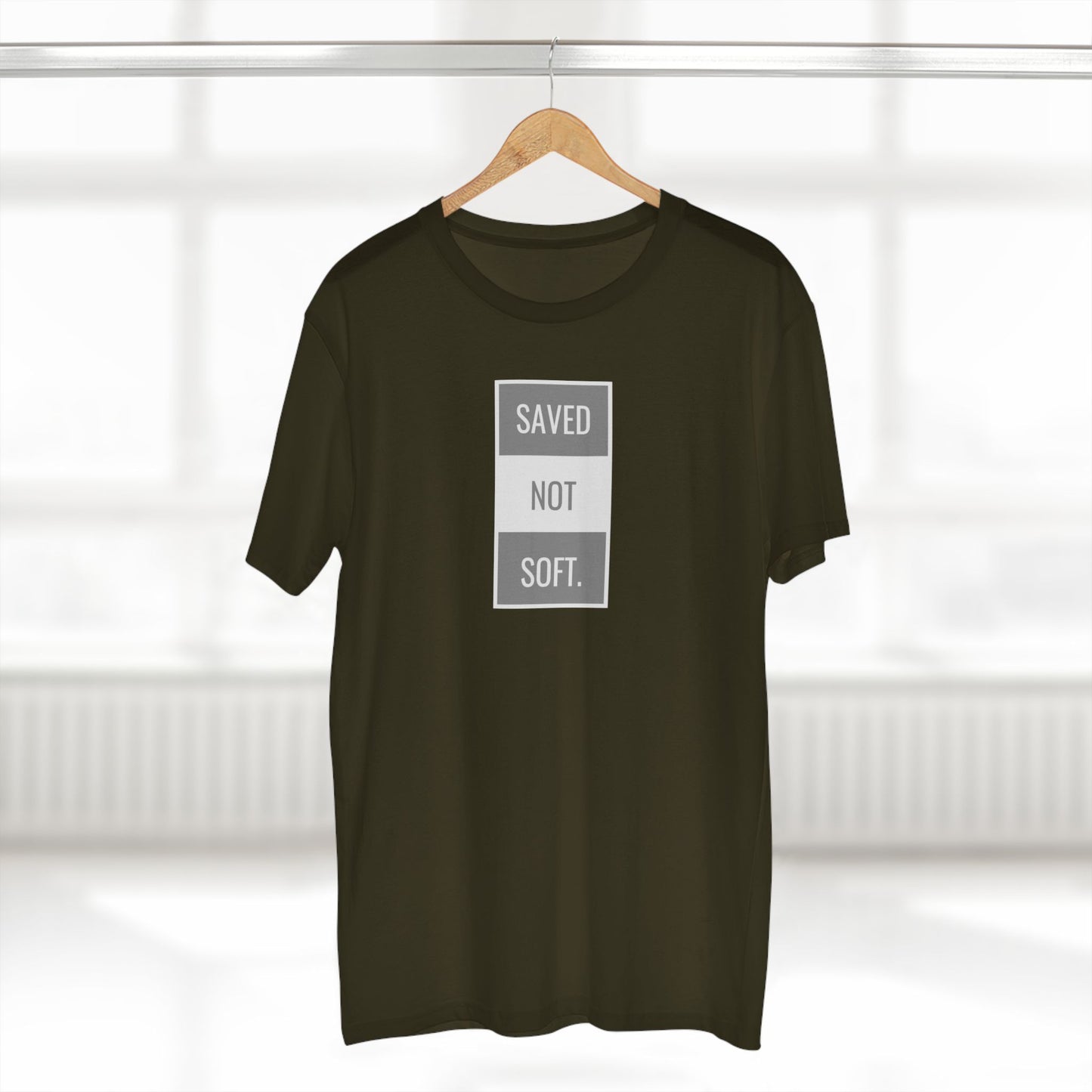 Saved Not Soft Adult Staple Tee - Bold Red Graphic T-Shirt for Faith-Based Enthusiasts