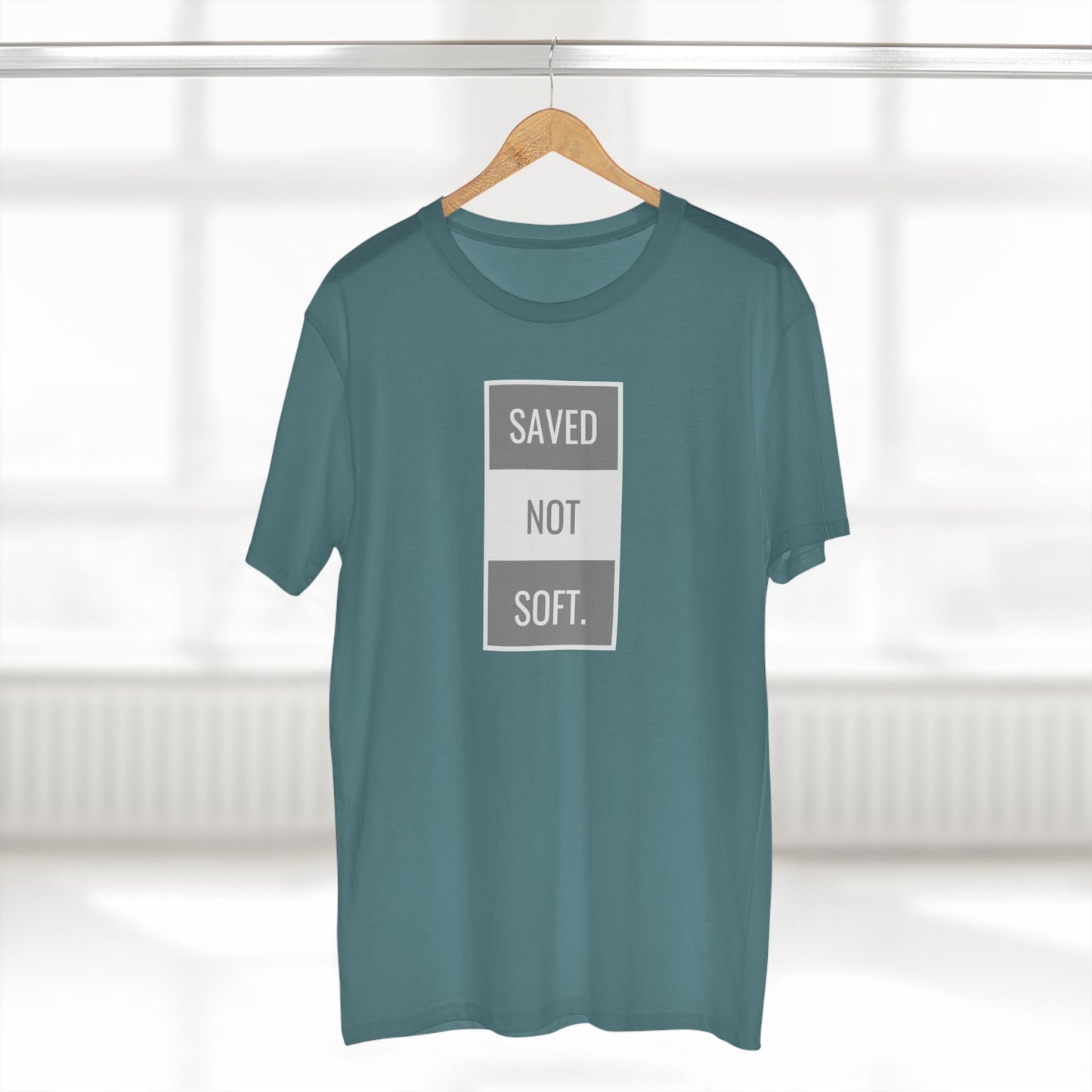 Saved Not Soft Adult Staple Tee - Bold Red Graphic T-Shirt for Faith-Based Enthusiasts